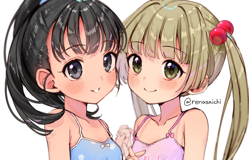 2girls, 31reyo, bare_shoulders, black_eyes, black_hair, blue_camisole, blush, camisole