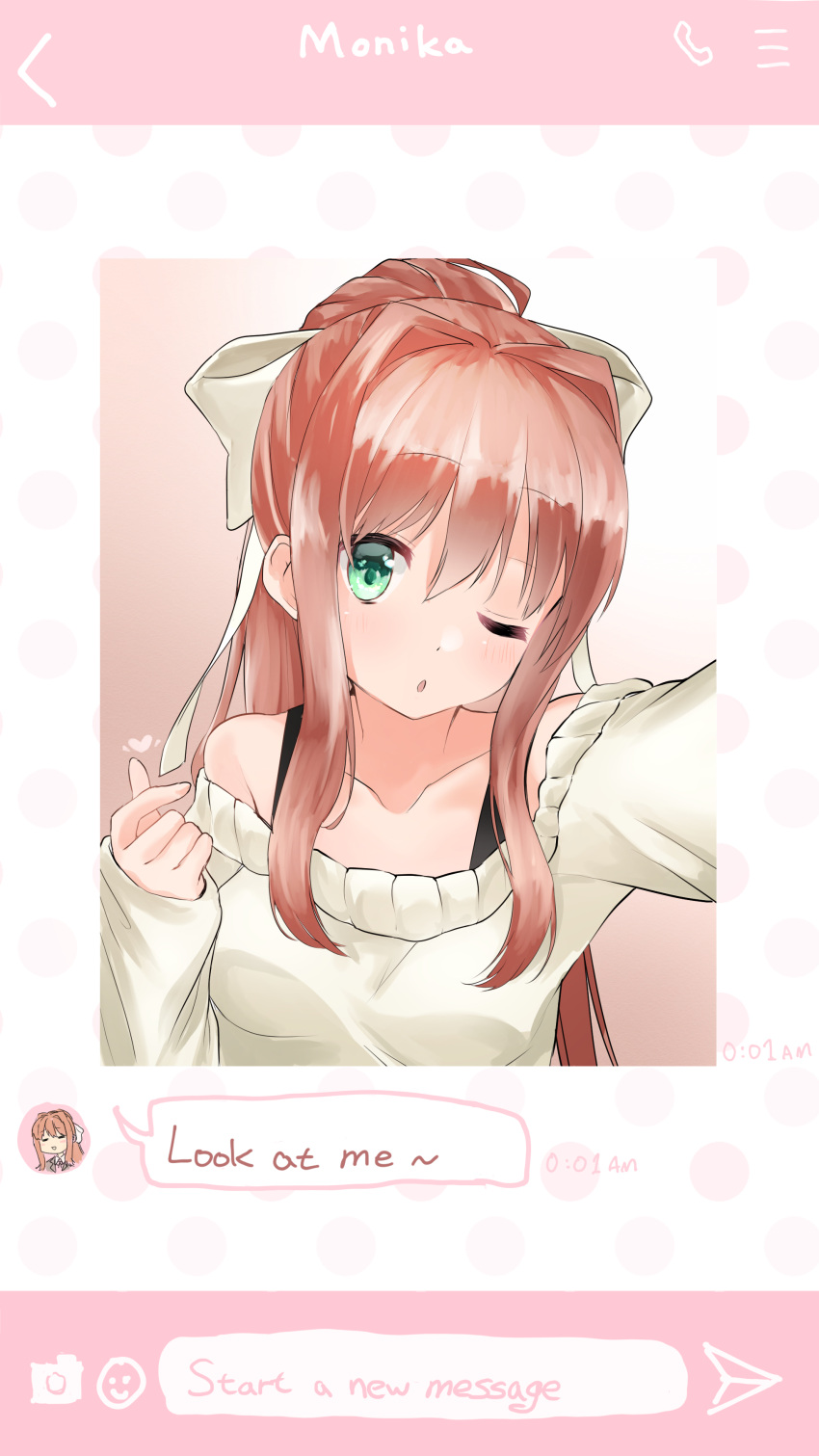1girl, ;o, absurdres, bare_shoulders, blush, bow, brown_hair, casual, character_name, chibi, chibi_inset, collarbone, commentary, doki_doki_literature_club, english_commentary, english_text, finger_heart, green_eyes, hair_bow, hair_intakes, hand_up, heart, highres, long_hair, looking_at_viewer, monika_(doki_doki_literature_club), off-shoulder_sweater, off_shoulder, one_eye_closed, open_mouth, ponytail, selfie, sidelocks, solo, speech_bubble, straight_hair, sweater, takepoison, text_messaging, upper_body, very_long_hair, white_bow, white_sweater