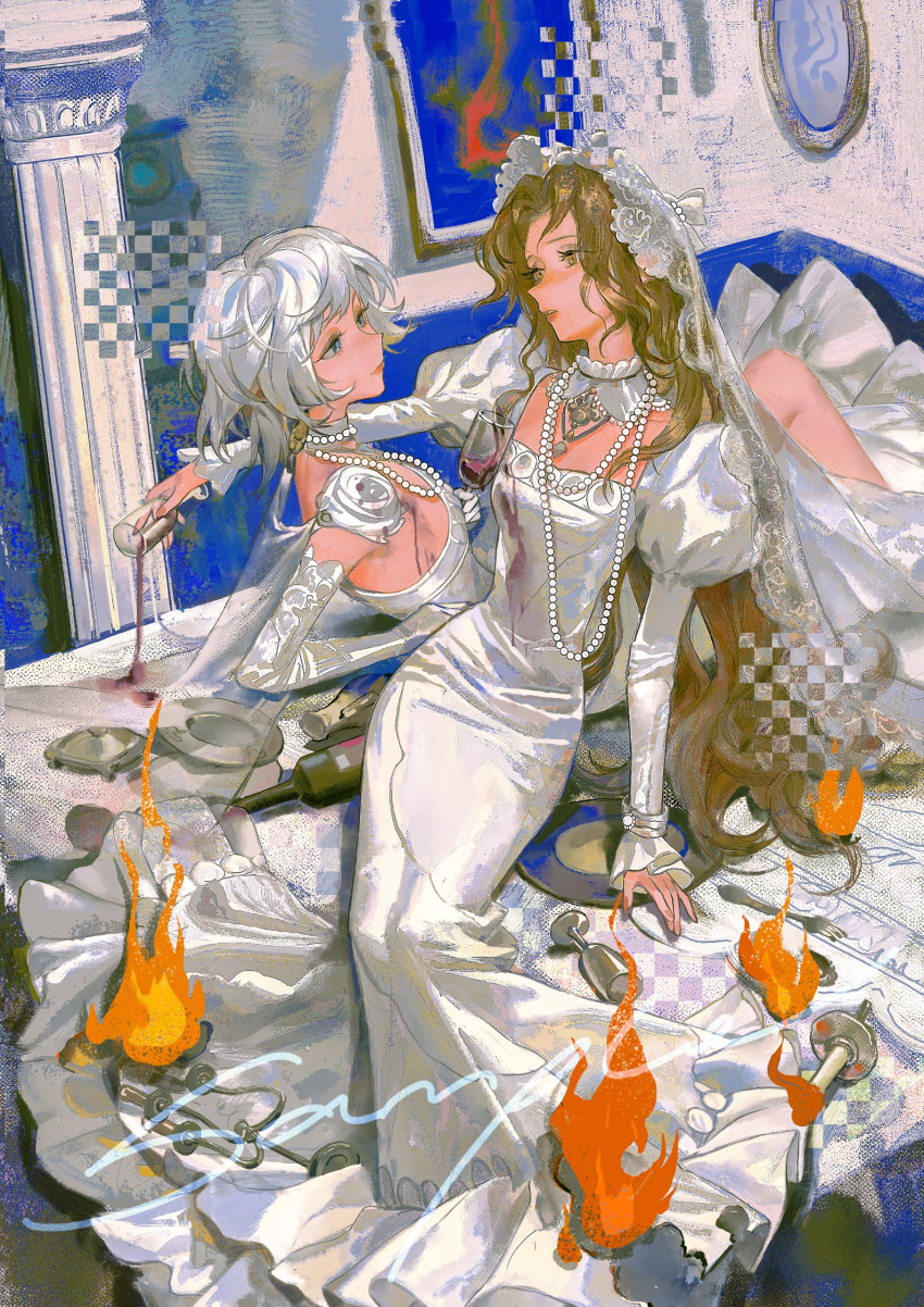 arm_on_another's_shoulder, arm_support, blue_eyes, blush, bottle, bow, brown_eyes, candelabra