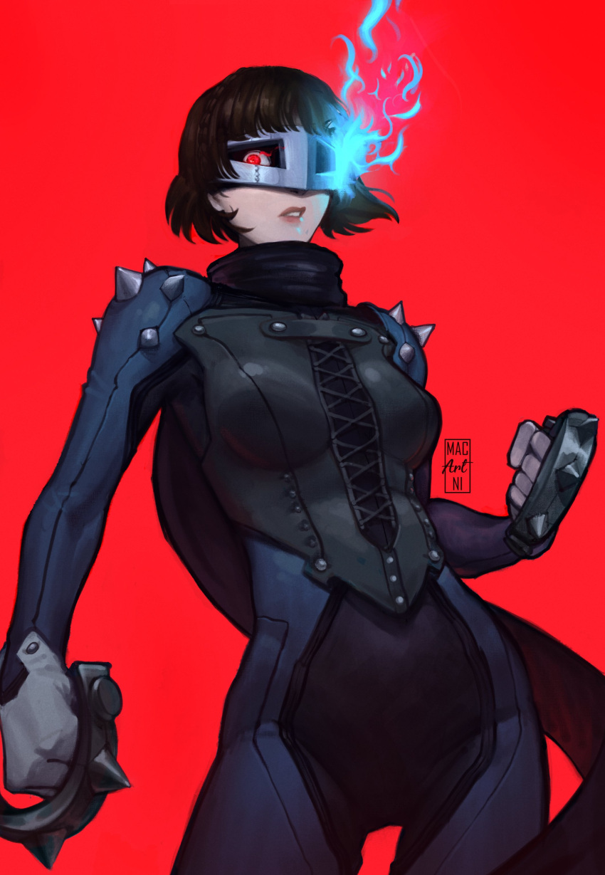 1girl, absurdres, blue_bodysuit, blue_fire, blunt_bangs, bodysuit, braid, brown_hair, center_cross_lace, cowboy_shot, crown_braid, eye_mask, fighting_stance, fire, gloves, glowing, glowing_eyes, high_collar, highres, holding, holding_weapon, lips, looking_at_viewer, macartni, niijima_makoto, parted_lips, persona, persona_5, red_background, red_eyes, short_hair, shoulder_spikes, signature, solo, spiked_knuckles, spikes, weapon, white_gloves