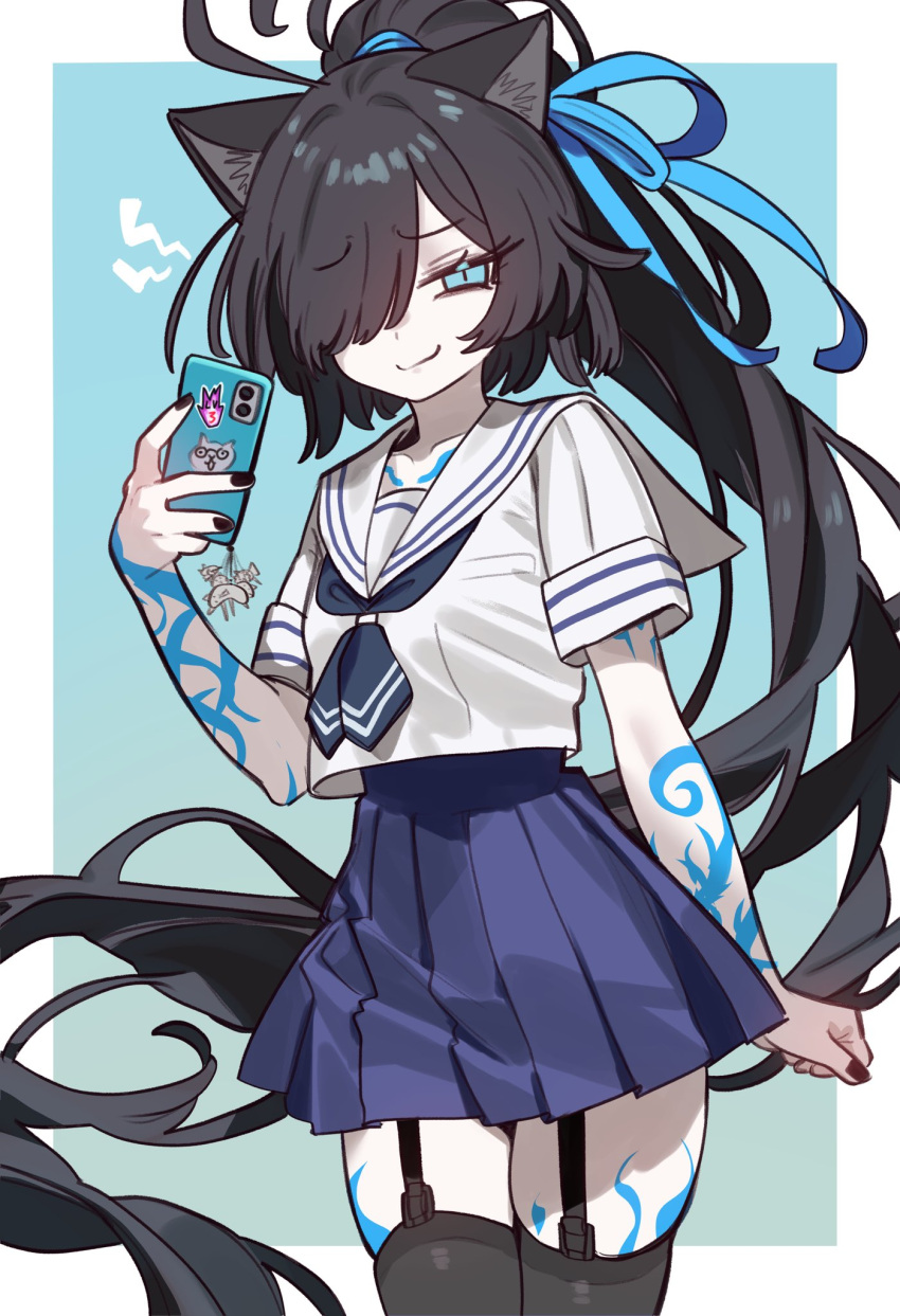 alternate_costume, black_hair, blue_eyes, body_markings, ebora, hair_over_one_eye, hair_ribbon, highres