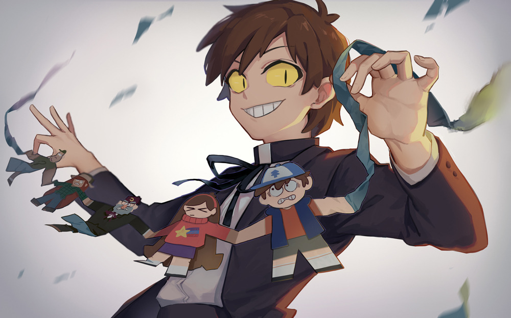 >_<, 2girls, 4boys, 8c, animification, artist_name, baseball_cap, bill_cipher