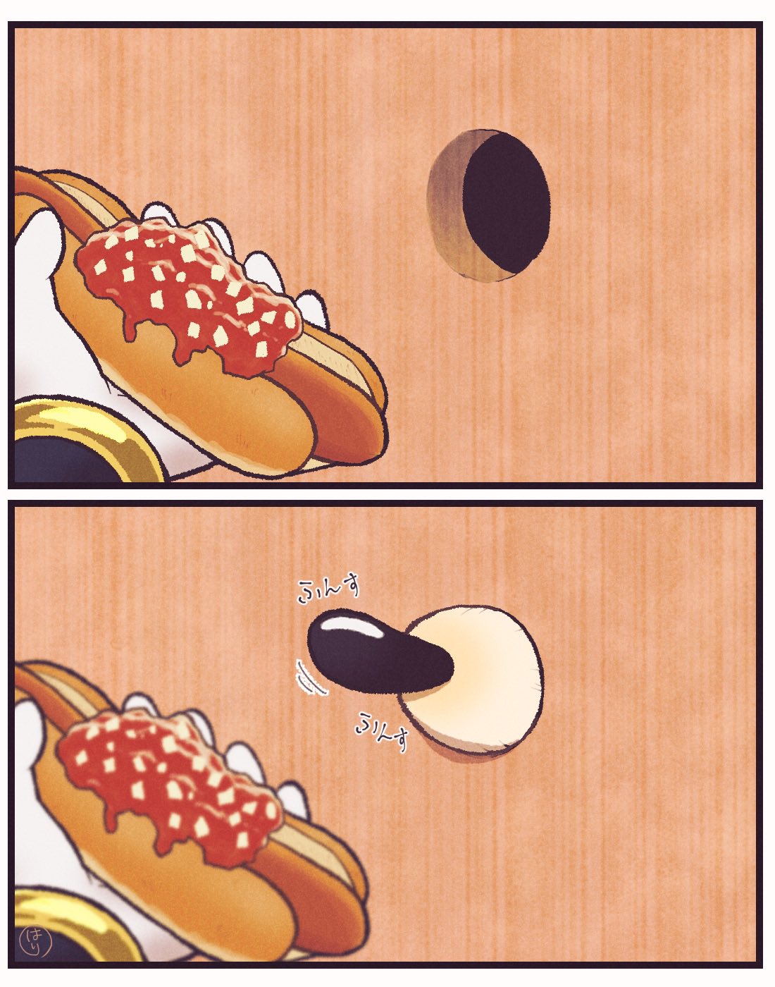 2boys, artist_logo, chili_dog, commentary_request, food, gloves, haritamaball, highres, holding, holding_food, hole_in_wall, hot_dog, male_focus, motion_lines, multiple_boys, nose, shadow_the_hedgehog, smelling, sonic_(series), sonic_the_hedgehog, white_gloves