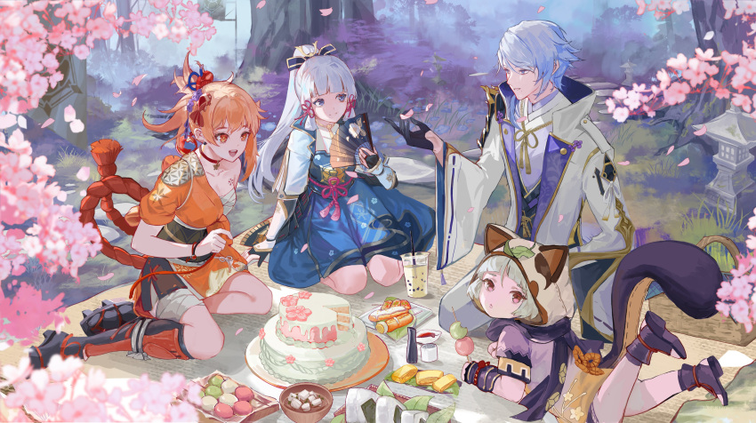 1boy, 3girls, :d, absurdres, anniversary, armor, asymmetrical_armor, asymmetrical_hair