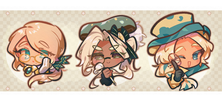 1other, 2boys, :d, :o, absurdres, aqua_eyes, aqua_hair, aqua_hat