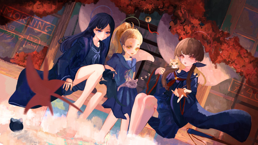 3girls, blonde_hair, blue_eyes, blue_shirt, blue_skirt, brown_hair, cat, closed_mouth