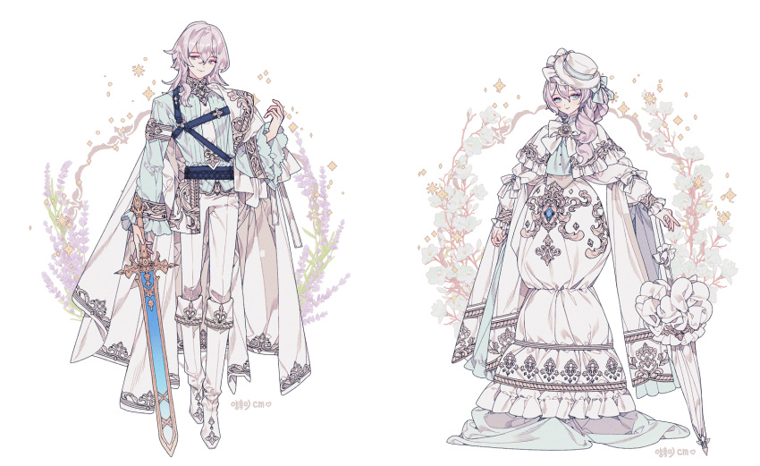 1boy, 1girl, aqua_eyes, blue_shirt, boots, bow, brooch, cape, chest_strap, collage, double-parted_bangs, dress, embroidery, fashion, floral_background, flower, frilled_dress, frills, full_body, grey_hair, hair_between_eyes, hand_on_umbrella, hat, highres, holding, holding_sword, holding_weapon, jewelry, lemon89h, lilac, long_dress, long_hair, original, pants, parasol, shirt, side_ponytail, sidelocks, standing, sword, umbrella, wavy_hair, weapon, white_bow, white_cape, white_dress, white_flower, white_footwear, white_hat, white_pants