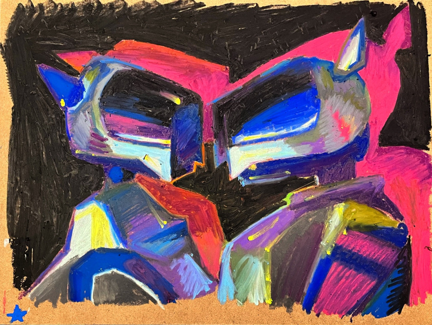 aibo_(robot), animal, animal_focus, border, brown_border, colorful, commentary, dog, english_commentary, highres, looking_at_another, no_eyes, no_humans, non-humanoid_robot, pastel_(medium), robot, robot_animal, robot_dog, segatoys, sony, star_(symbol), traditional_media