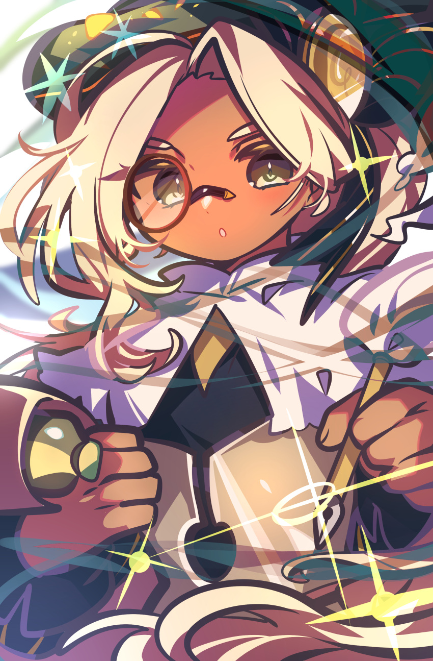 1boy, absurdres, asymmetrical_hair, blonde_hair, blush, brown_corset, brown_eyes, cookie_run, cookie_run:_kingdom, corset, dark-skinned_male, dark_skin, eclair_cookie, fingernails, green_hat, hat, highres, holding, holding_quill, holding_scroll, humanization, long_hair, long_sleeves, male_focus, monocle, no_sclera, omoyu_(nakyu715), otoko_no_ko, parted_lips, ponytail, quill, scroll, simple_background, solo, sparkle, upper_body, white_background