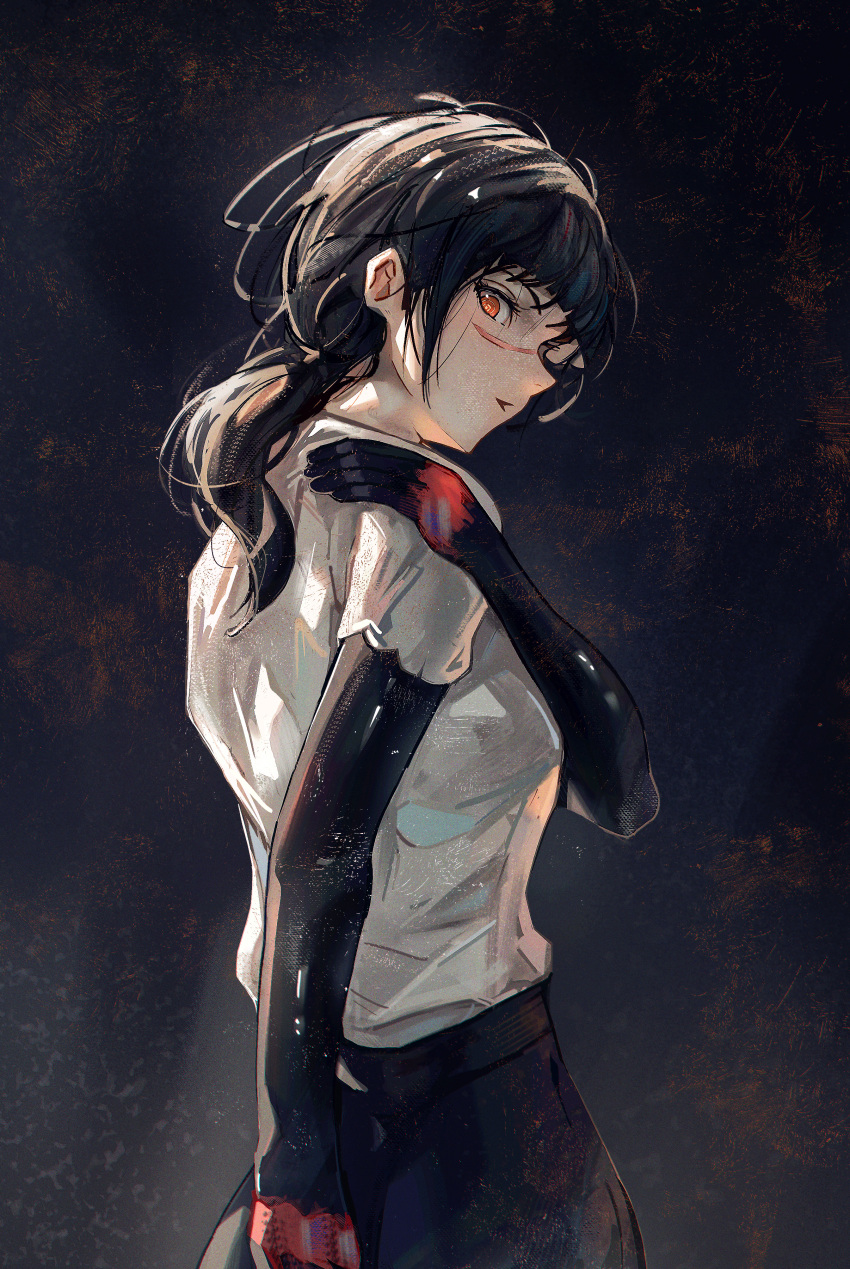 1girl, absurdres, big_chunger, black_hair, black_pants, chainsaw_man, from_side, highres, long_hair, mitaka_asa, orange_eyes, pants, parted_lips, ringed_eyes, scar, scar_on_face, scar_on_nose, shirt, solo, torn_clothes, torn_sleeves, white_shirt, yoru_(chainsaw_man)