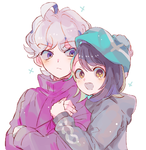 1boy, 1girl, :/, :d, aqua_hat, arm_hug, bede_(pokemon), bishounen