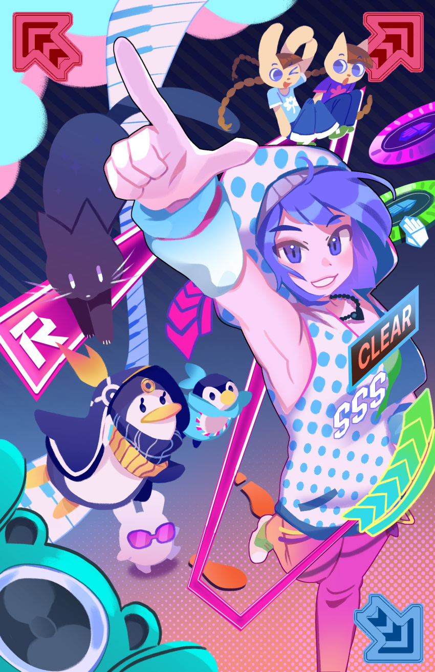 3girls, absurdres, arrow_(symbol), bemani, bird, blue_hair, braid, brown_hair