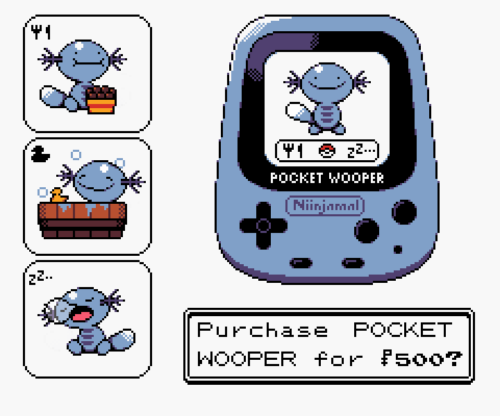 animal_focus, animated, animated_gif, bathtub, eating, english_commentary, english_text, handheld_game_console, niinjamal, no_humans, parody, pixel_art, pocket_pikachu, poke_ball, poke_ball_(basic), pokemon, pokemon_(creature), rubber_duck, simple_background, sleeping, white_background, wooper, zzz