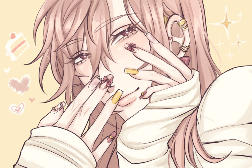 1boy, ear_piercing, earrings, hands_on_own_face, highres, izumi_rei_(slow_damage), jewelry, long_eyelashes