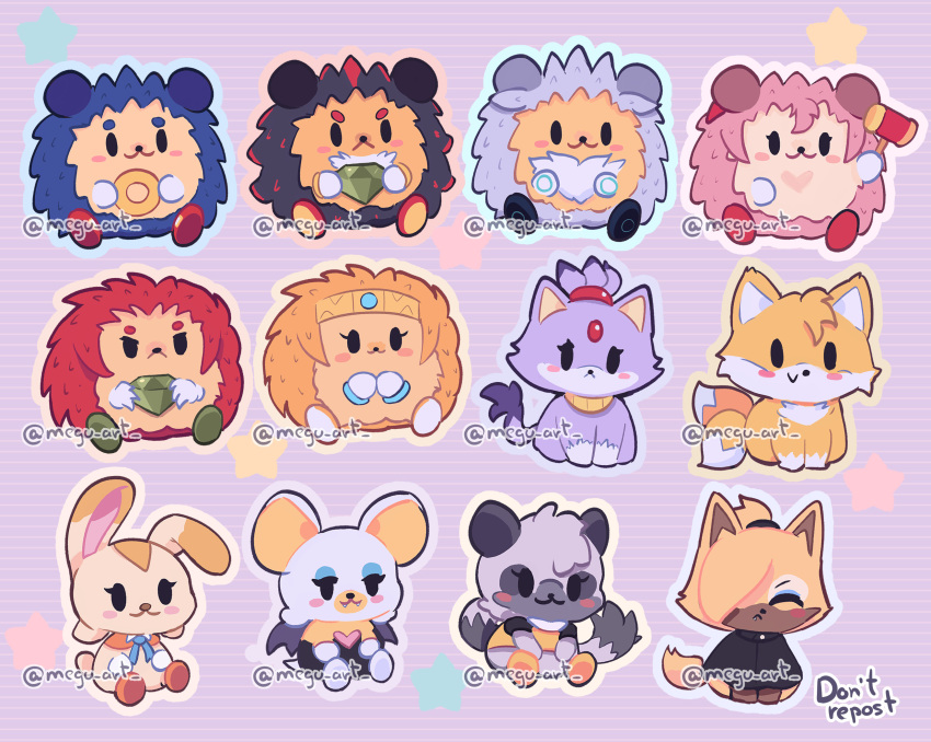 amy_rose, animal, animalization, bat_(animal), blaze_the_cat, cat, chaos_emerald, chibi, chibi_only, clothed_animal, commentary, cream_the_rabbit, echidna_(animal), english_commentary, everyone, fox, gem, hammer, hedgehog, highres, holding, holding_gem, holding_hammer, knuckles_the_echidna, lemur, megu-art, no_humans, rabbit, ring_(sonic), rouge_the_bat, shadow_the_hedgehog, silver_the_hedgehog, sonic_(series), sonic_adventure, sonic_the_hedgehog, sonic_the_hedgehog_(idw), tangle_the_lemur, tikal_the_echidna, watermark, whisper_the_wolf, wolf