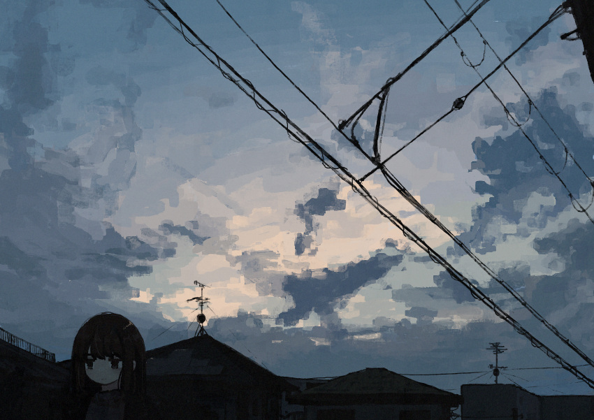 1girl, :|, absurdres, black_eyes, black_hair, black_jacket, blue_sky, closed_mouth, clouds, cloudy_sky, commentary, expressionless, grey_shirt, highres, house, jacket, long_hair, looking_down, morning, open_clothes, open_jacket, original, outdoors, power_lines, radio_antenna, shirt, sky, sky_focus, solo, suburb, uniunimikan, upper_body, wide_shot