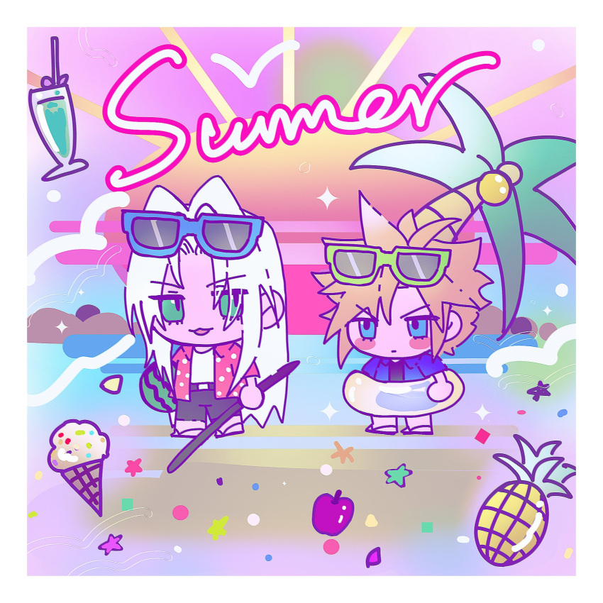 :3, apple, bird, black_shorts, blonde_hair, blue_eyes, blush_stickers, chibi, chibi_only, closed_mouth, cloud_strife, coconut, commentary, drinking_straw, english_text, final_fantasy, final_fantasy_vii, flip-flops, food, fruit, green_eyes, hawaiian_shirt, highres, holding, holding_swim_ring, holding_watermelon, ice_cream, innertube, long_hair, male_focus, myricayea, ocean, outdoors, palm_tree, pants, parted_bangs, pineapple, sand, sandals, seagull, sephiroth, shirt, shorts, soda, sparkle, spiky_hair, star_(symbol), starfish, sun, sunglasses, swim_ring, symbol-only_commentary, tree, watermelon, white_hair
