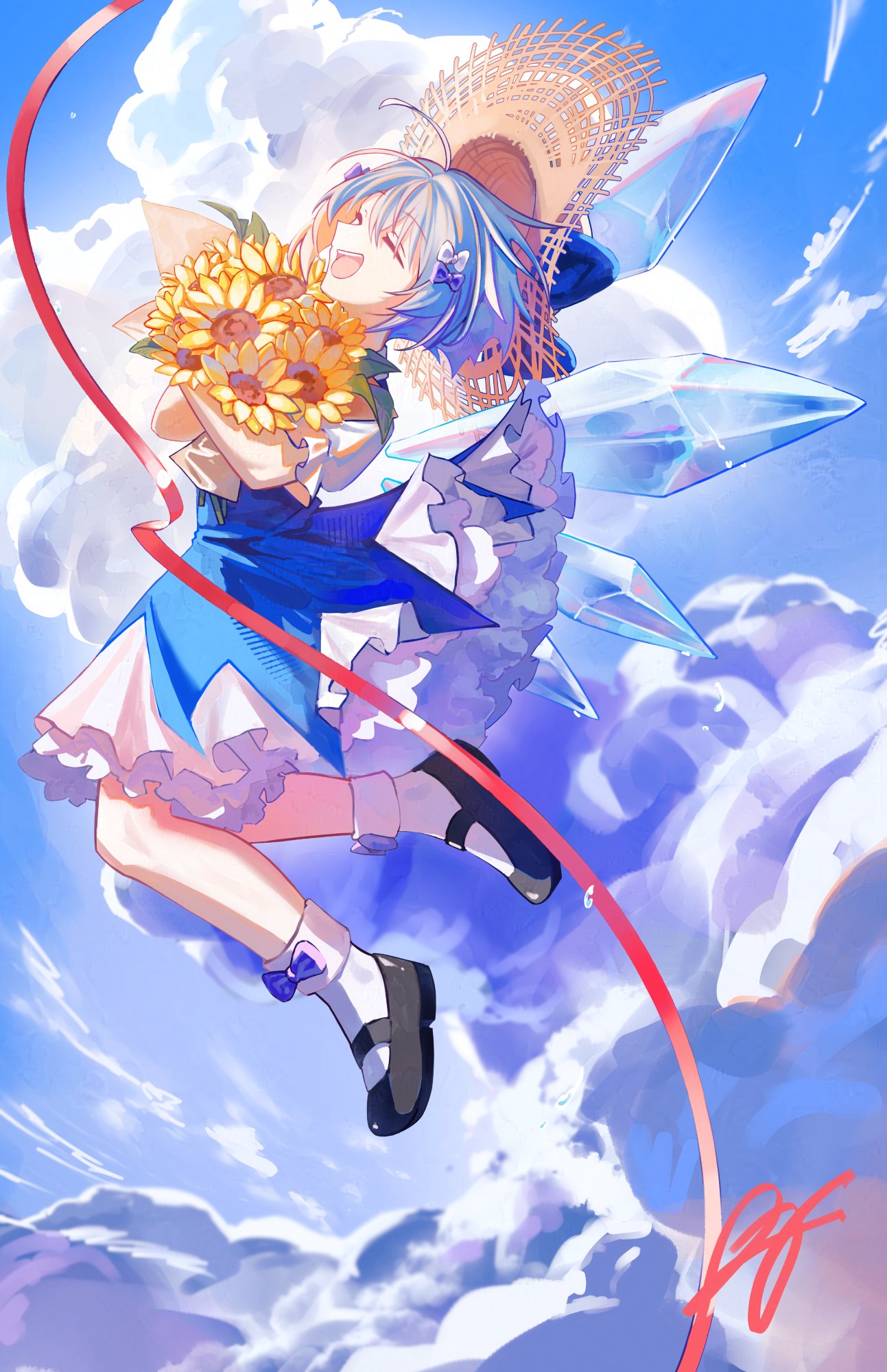 1girl, ^_^, black_footwear, blue_bow, blue_dress, blue_hair, blue_sky, bouquet