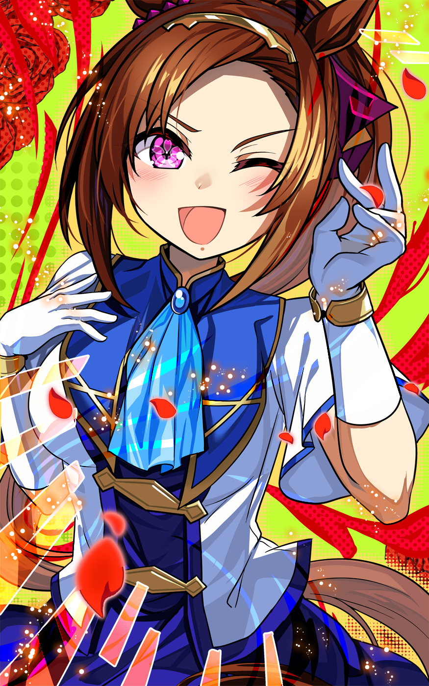 1girl, ;d, animal_ears, ascot, blue_ascot, blue_dress, bracelet, breasts, brooch, brown_hair, commentary_request, cosplay, cowboy_shot, dress, ear_ornament, flower_in_eye, gloves, gold_hairband, hairband, hands_up, highres, horse_ears, horse_girl, horse_tail, jewelry, katarina_claes, katarina_claes_(cosplay), long_hair, looking_at_viewer, medium_breasts, one_eye_closed, open_mouth, otome_game_no_hametsu_flag_shika_nai_akuyaku_reijou_ni_tensei_shite_shimatta, partial_commentary, pink_eyes, ponytail, sakura_bakushin_o_(umamusume), shirt, short_sleeves, sidelocks, smile, solo, standing, symbol_in_eye, tail, umamusume, white_gloves, white_shirt, yasume_yukito
