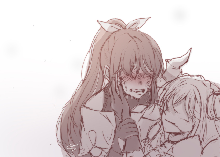 2girls, angst, arm_grab, artist_name, blood, blood_from_mouth, bow, braid