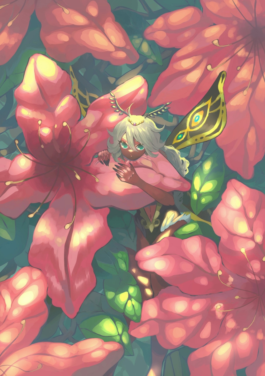 1girl, antennae, black_leotard, blonde_hair, clothing_cutout, commentary_request, dark-skinned_female, dark_skin, fairy, flower, gold_tiara, green_eyes, hiding, highres, leaf, leotard, long_hair, looking_at_viewer, monster_girl, nature, navel, navel_cutout, original, outdoors, pink_gemstone, red_flower, shiboo_mazuru, solo, stamen