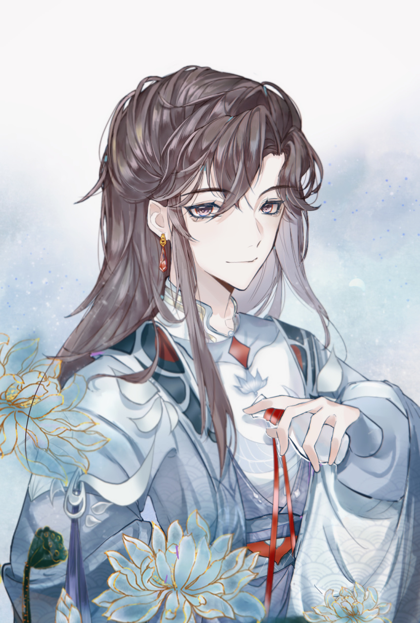 1boy, arm_behind_back, blue_coat, blue_flower, blue_sash, bottle, brown_hair, chinese_clothes, closed_mouth, coat, curtained_hair, earrings, flower, hanfu, highres, holding, holding_bottle, hua_chen, hua_yi_shanxin_zhiyue, jewelry, layered_sleeves, long_hair, long_sleeves, looking_at_viewer, lotus, lotus_pod, luludeer386, male_focus, pointy_ears, red_ribbon, ribbon, robe, sash, seigaiha, shoulder_guard, sidelocks, sideways_glance, smile, solo, swept_bangs, upper_body, violet_eyes, white_background, white_robe, wide_sleeves