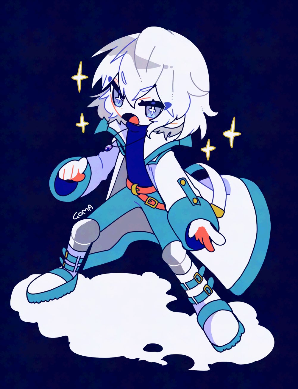 1boy, belt, blue_background, blue_eyes, blue_pants, bright_pupils, castlevania:_dawn_of_sorrow, castlevania_(series)