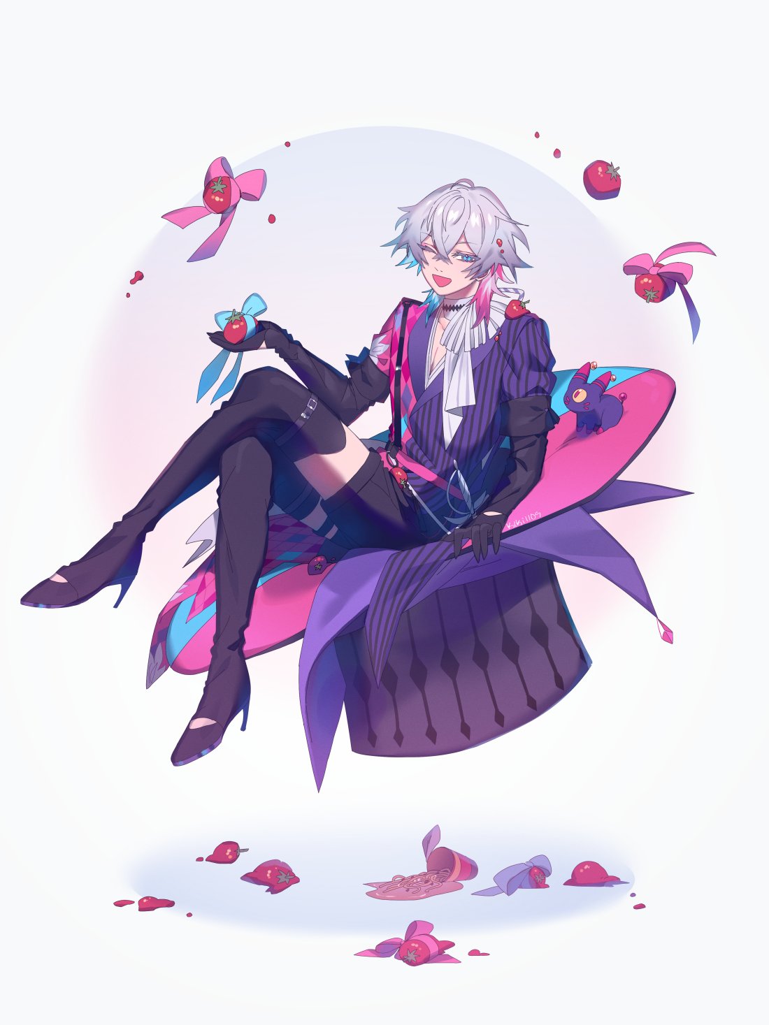 1boy, bishounen, black_gloves, black_shorts, blue_eyes, blue_hair, boots, coat