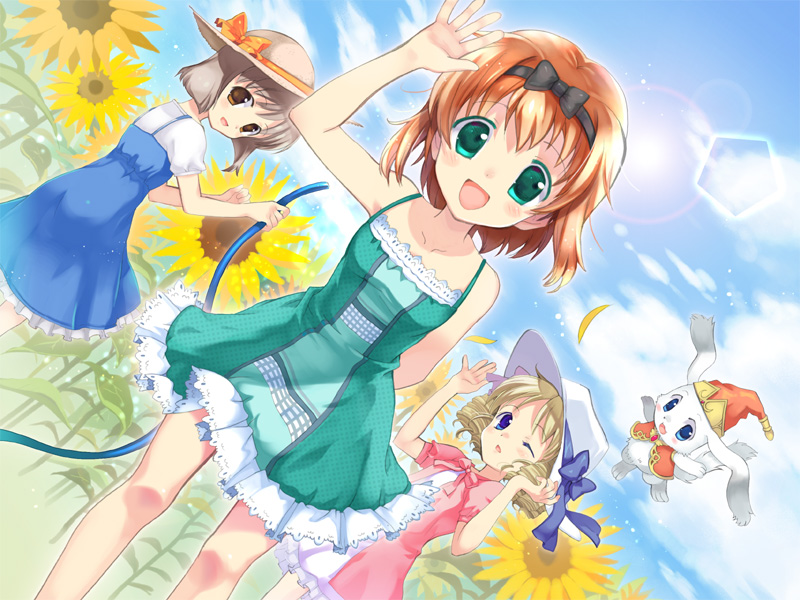 3girls, :d, arche_plumfield, bare_shoulders, black_bow, black_headband, blonde_hair, blue_dress