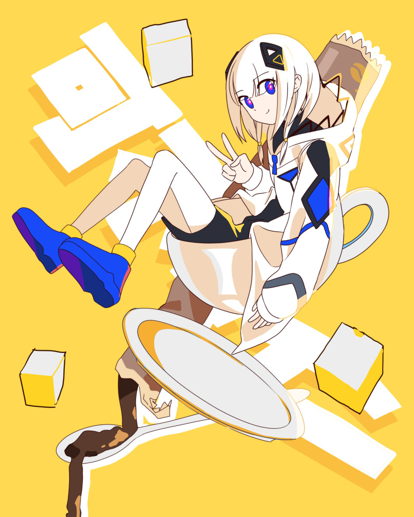 1girl, absurdres, blue_eyes, blue_footwear, blunt_bangs, cevio, coffee, highres