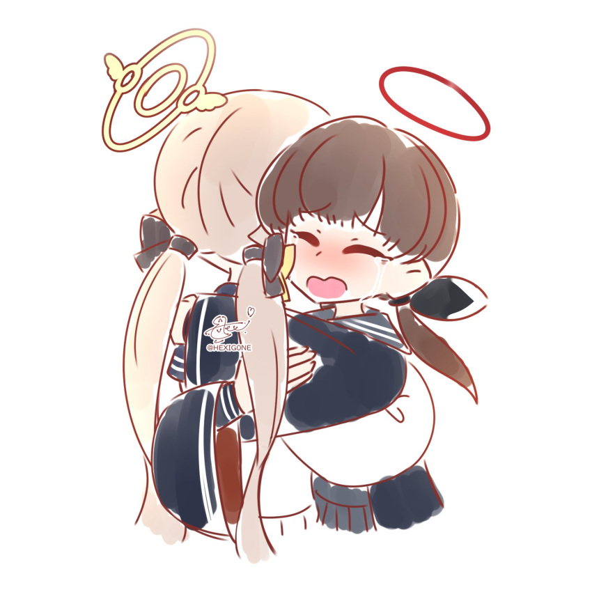 2girls, artist_name, black_hair, black_serafuku, blue_archive, brown_hair, creator_connection, crossover