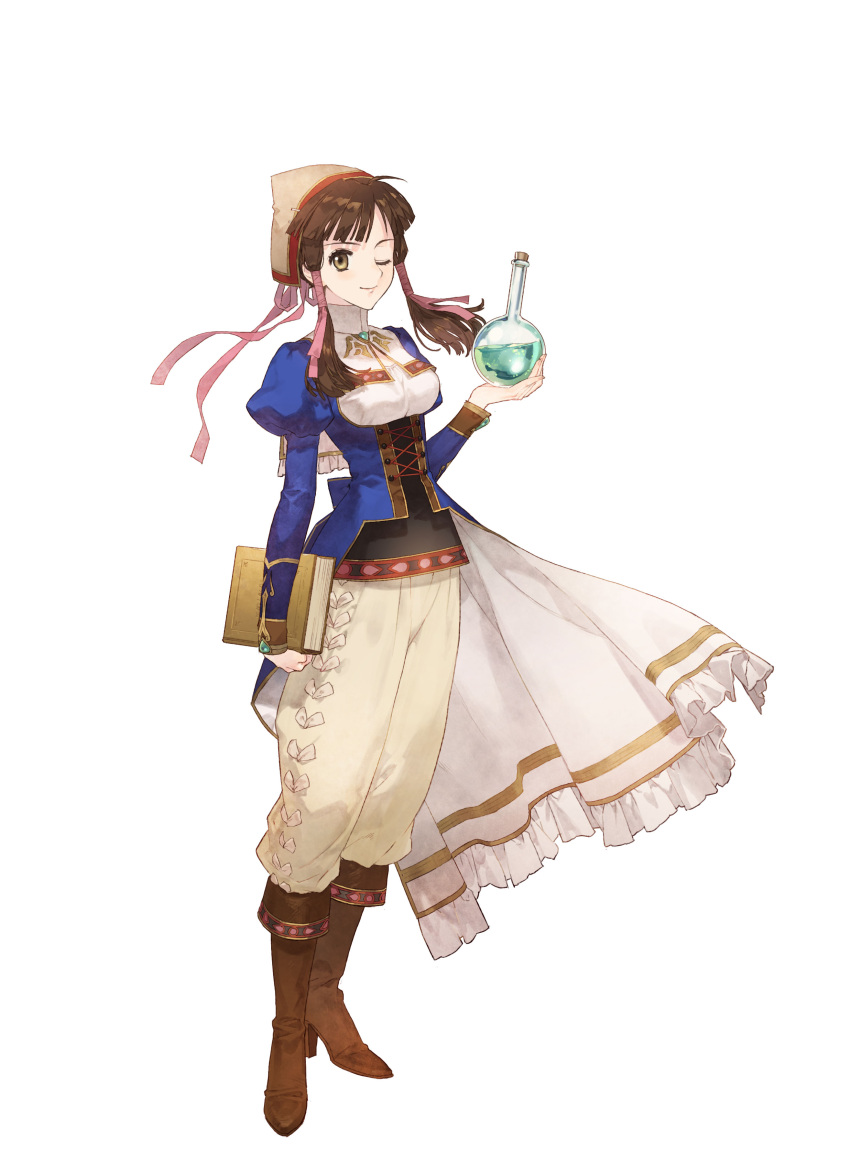 1girl, ;), absurdres, atelier_(series), atelier_lilie, blue_shirt, book, boots