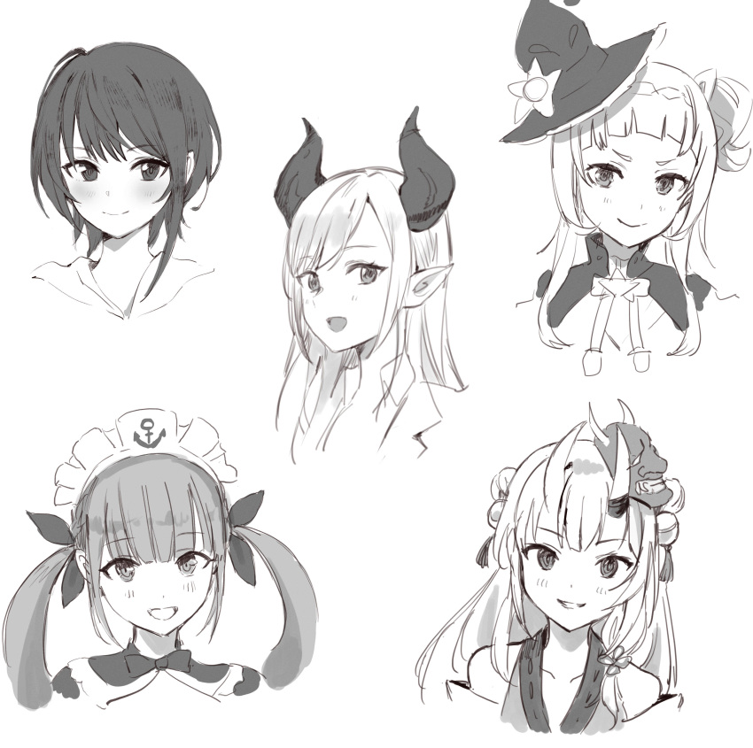 2nd_generation_(hololive), 5girls, absurdres, bare_shoulders, blunt_bangs, blush, bow, bowtie