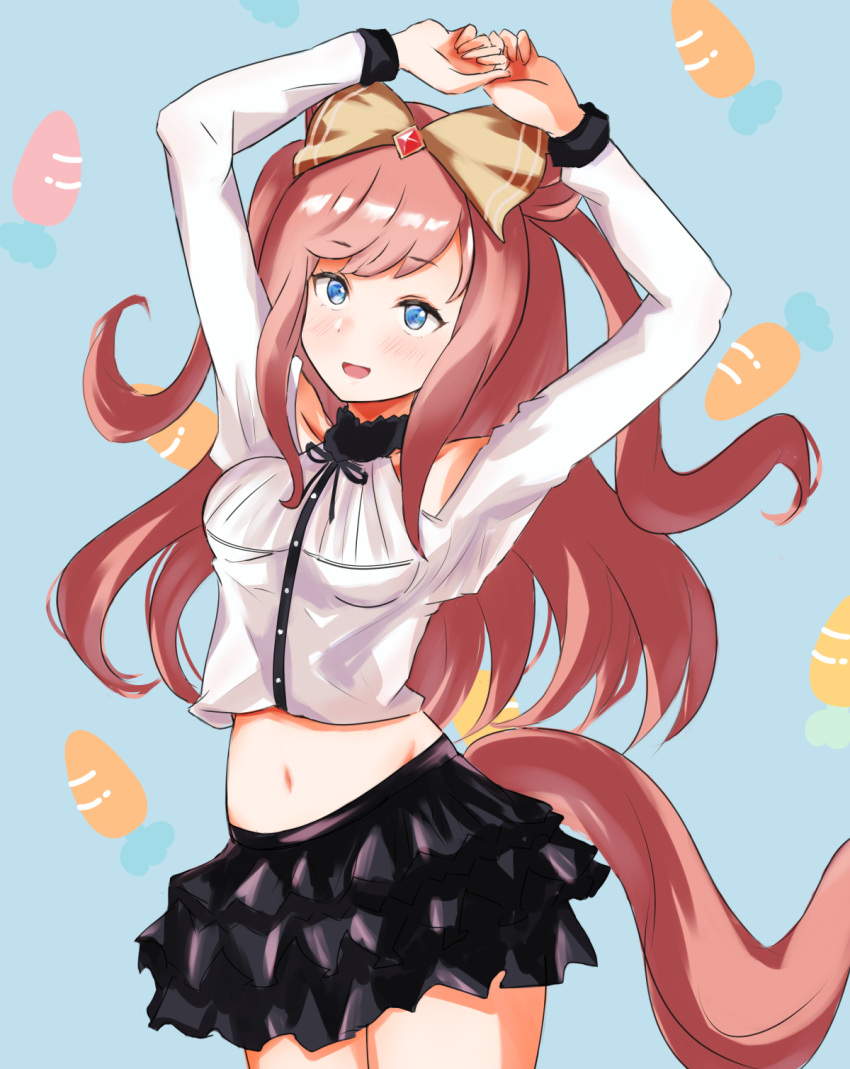 1girl, agnes_digital_(umamusume), alternate_costume, animal_ears, arms_up, blue_background, blue_eyes, blush