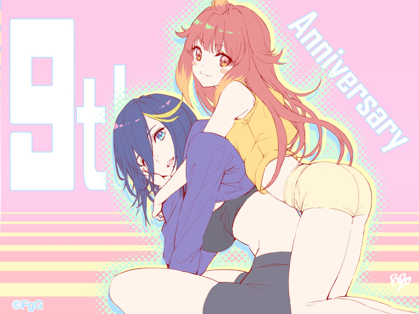 2girls, :3, ;d, absurdres, apollon_(phantom_of_the_kill), aqua_eyes, artemis_(phantom_of_the_kill), artist_name