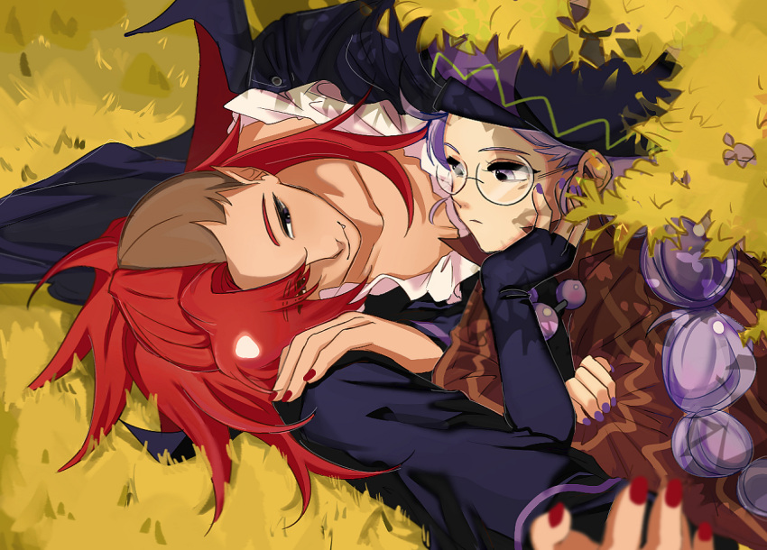 1boy, 1girl, alchemist_cookie, black_hat, black_shirt, braid, brother_and_sister, brown_jacket