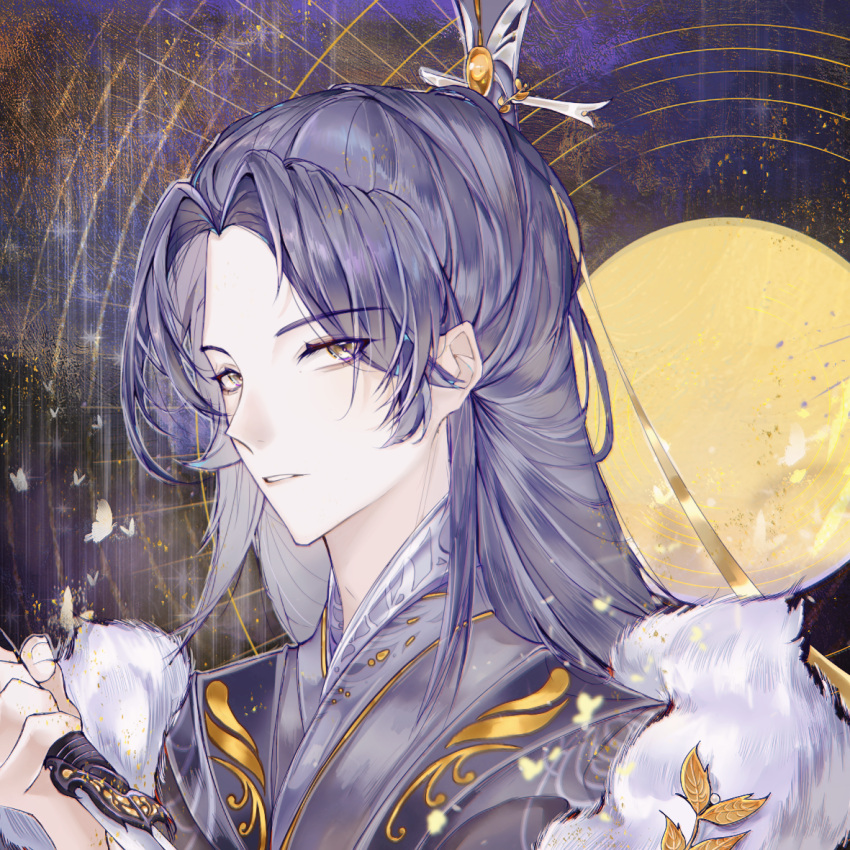 1boy, black_background, black_robe, blue_hair, brooch, bug, butterfly, chinese_clothes