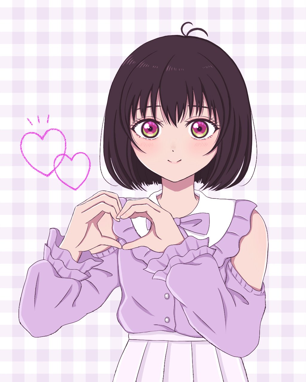 antenna_hair, brown_hair, checkered_background, closed_mouth, clothing_cutout, green_eyes, heart, heart_hands, highres, long_sleeves, looking_at_viewer, loose_hair_strand, multicolored_eyes, osanai_yuki, pink_shirt, pink_skirt, shirt, short_hair, shoulder_cutout, shoushimin_series, simple_background, skirt, smile, tabemonokasei, upper_body, violet_eyes, white_background