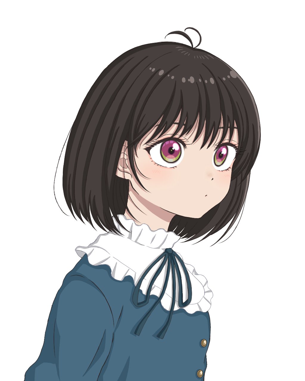 antenna_hair, blue_dress, brown_hair, closed_mouth, collar, dot_mouth, dress, green_eyes