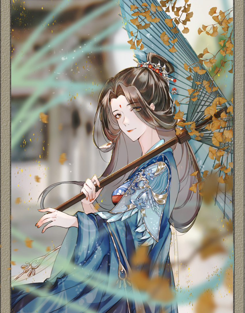 1girl, blue_dress, blurry, branch, brown_hair, chinese_clothes, closed_mouth, cowboy_shot