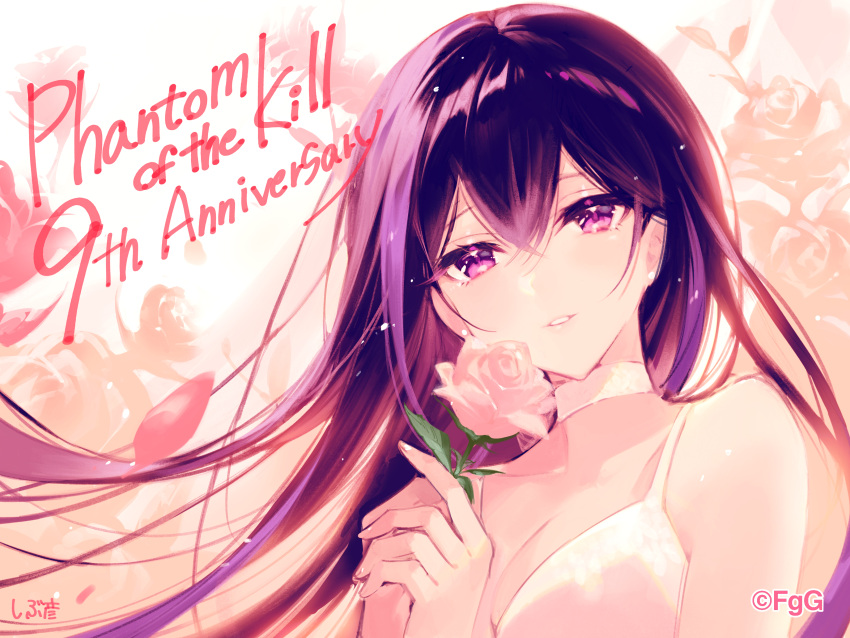 1girl, absurdres, artist_name, bare_shoulders, crossed_bangs, dress, floating_hair, flower