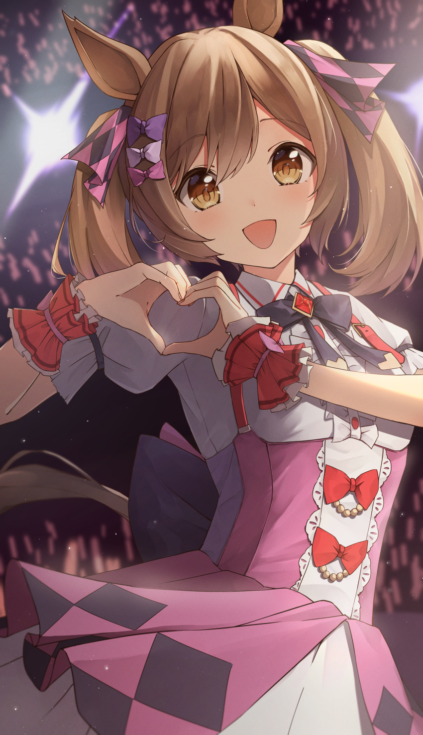 1girl, :d, absurdres, animal_ears, argyle_bow, black_ribbon, blush, bow, brown_eyes, brown_hair, commentary, ear_bow, ezaki_hiyori, hair_between_eyes, hair_bow, hair_ribbon, heart, heart_hands, highres, horse_ears, horse_girl, horse_tail, looking_at_viewer, multiple_hair_bows, pink_bow, puffy_short_sleeves, puffy_sleeves, purple_bow, ribbon, short_sleeves, smart_falcon_(umamusume), smile, solo, tail, twintails, umamusume, wrist_cuffs