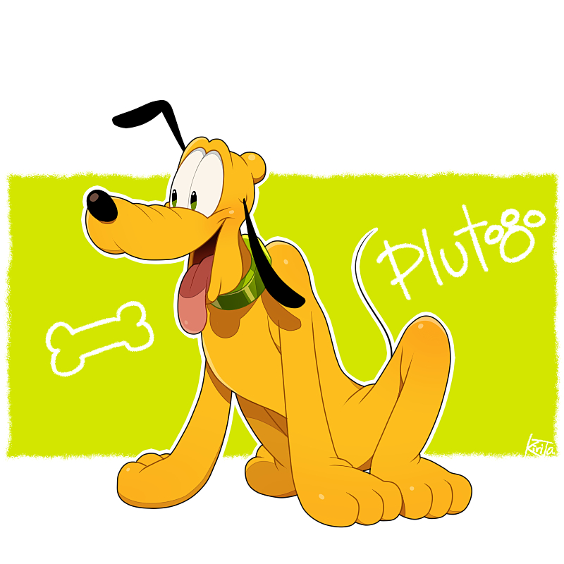1boy, animal, animal_focus, bone, character_name, collar, disney, dog, full_body, green_collar, green_eyes, kiri_futoshi, looking_ahead, mammal, mickey_mouse_&amp;_friends, no_humans, outline, pluto_(disney), signature, solo, tongue, tongue_out, white_outline