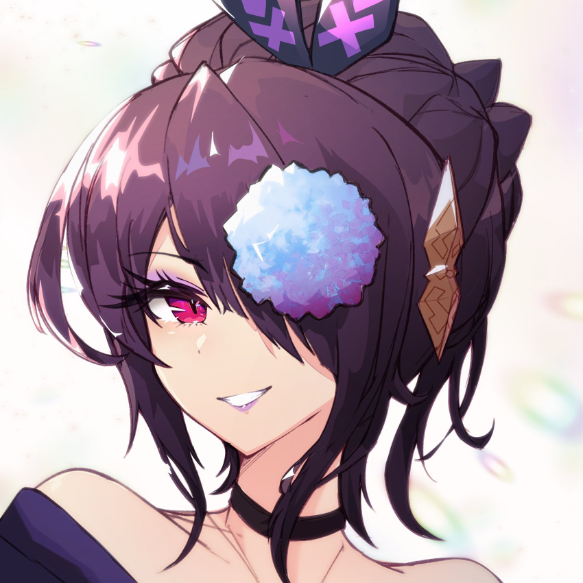 1girl, absurdres, bare_shoulders, black_choker, black_hair, cassandra_(dragalia_lost), choker, dragalia_lost