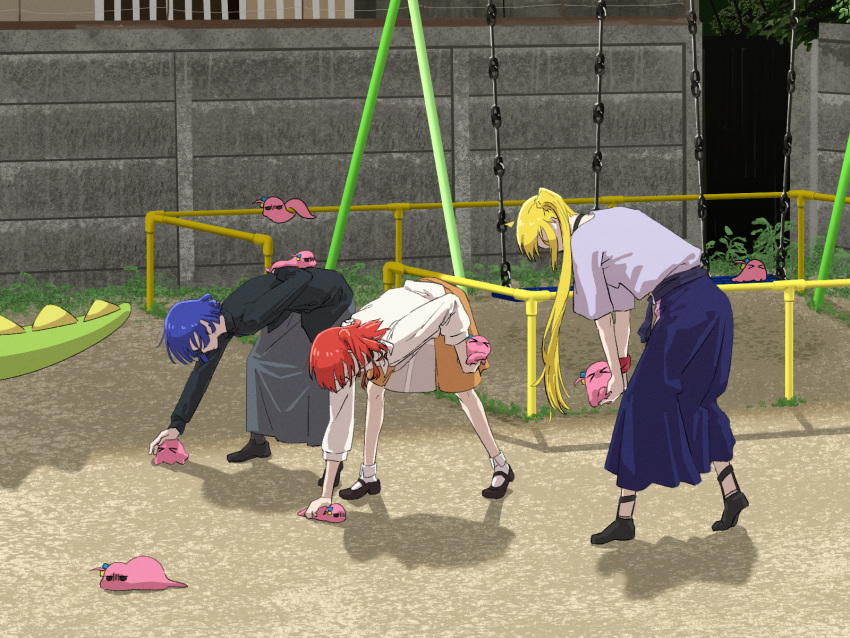 3girls, 50_sn_stannum, bent_over, blonde_hair, blue_hair, bocchi_the_rock!, commentary_request, creature