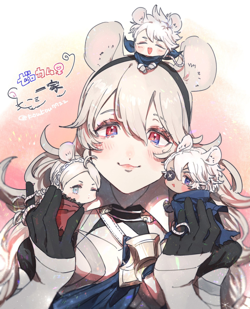 2boys, 2girls, ahoge, animal_ears, black_hairband, braid, capelet, corrin_(female)_(fire_emblem)