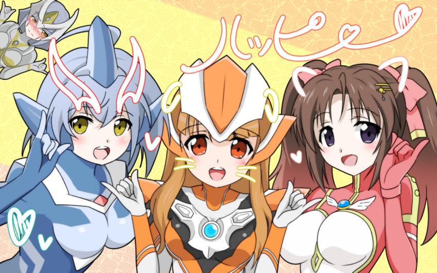 4girls, aiueo8371, armor, arms_up, blue_bodysuit, blue_hair, blush, bodysuit