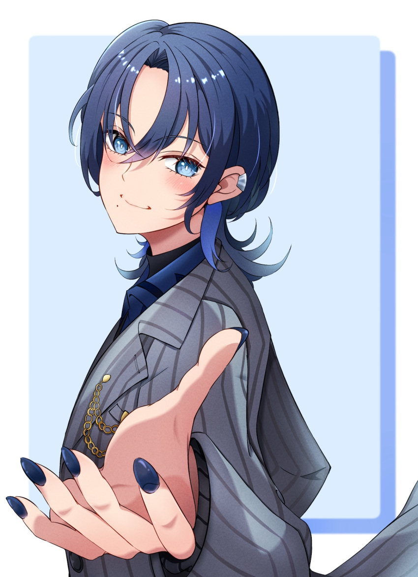 1girl, black_nails, black_shirt, blue_eyes, blue_hair, blush, grey_jacket, highres