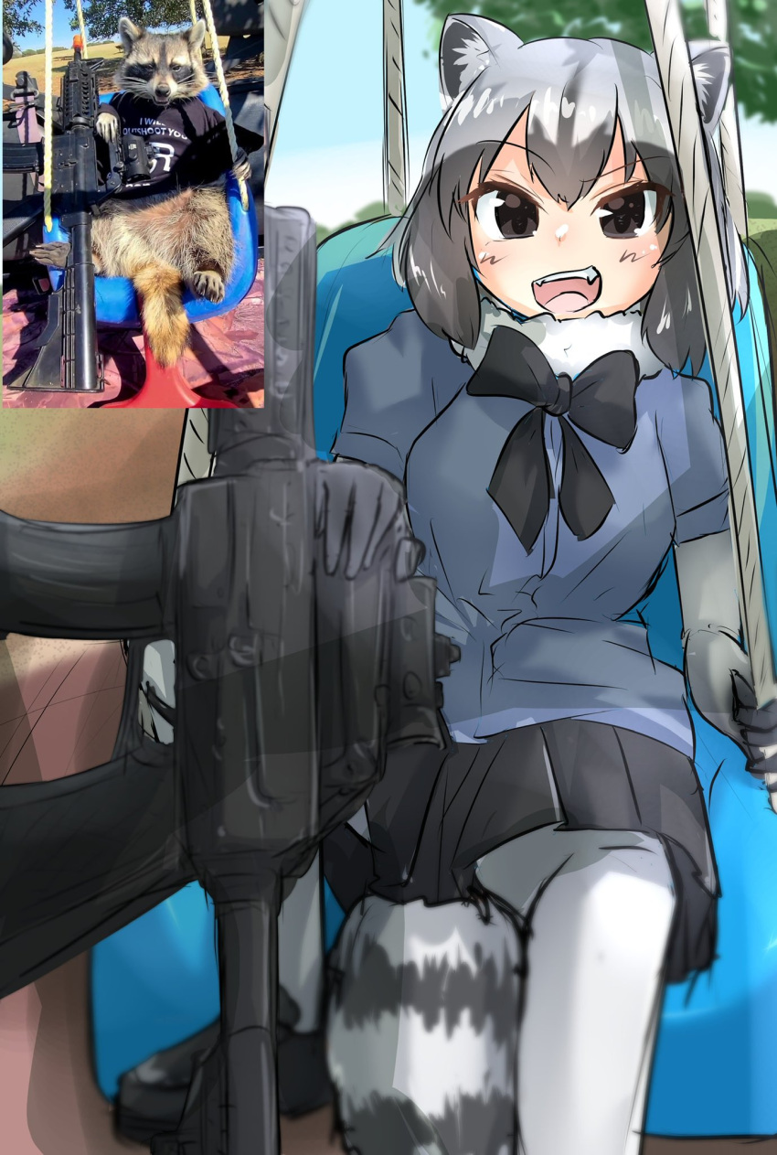 1girl, :d, animal_ear_fluff, animal_ears, black_bow, black_bowtie, black_eyes, black_footwear