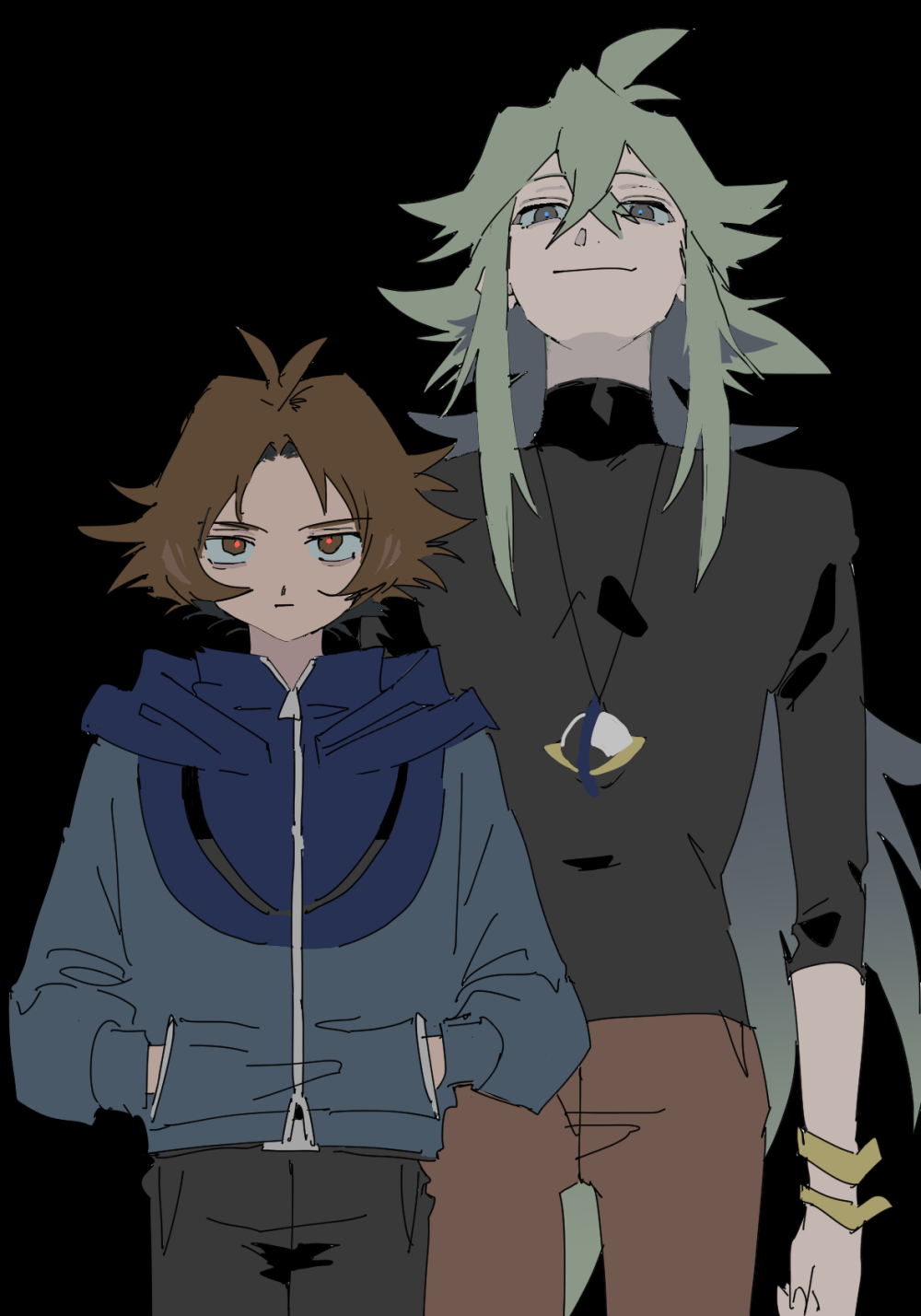 2boys, antenna_hair, bangle, black_background, black_pubic_hair, black_shirt, blue_hood, blue_jacket